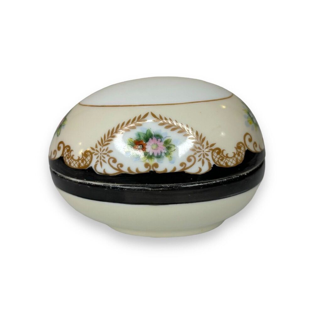 VTG Hand-Painted Porcelain China Egg Trinket Dish Floral Black Ivory "M" Japan